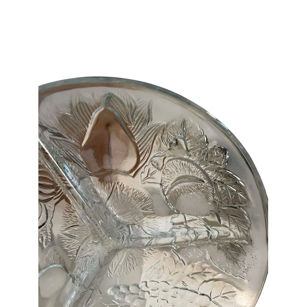 Vintage Three Part Divided Glass Dish Fruit Apple Grape Etched Made in Indonesia